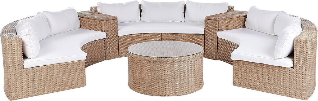 Set de salón Beliani de 9 plazas de ratán arena beige, redondo, con cojines blancos y mesa de centro Severo
