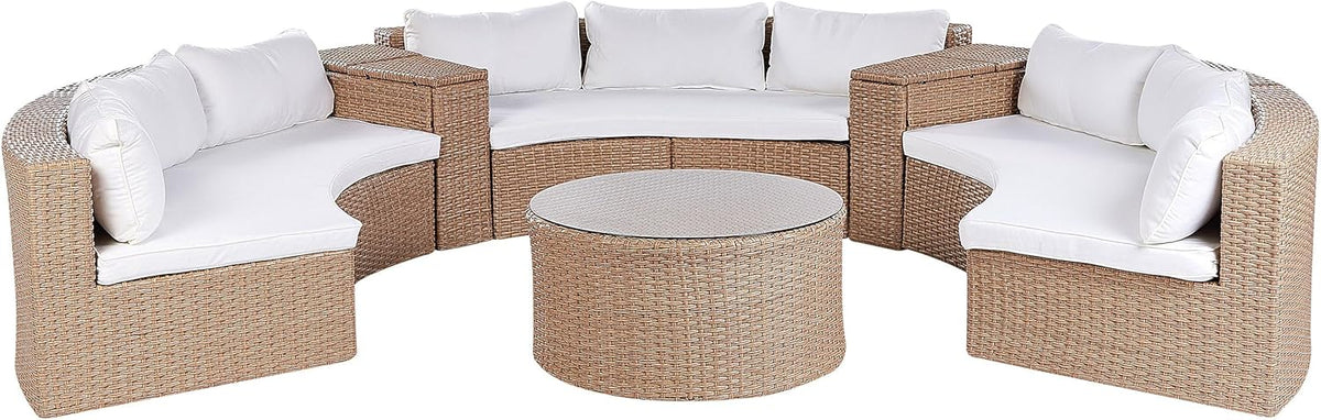 Set de salón Beliani de 9 plazas de ratán arena beige, redondo, con cojines blancos y mesa de centro Severo