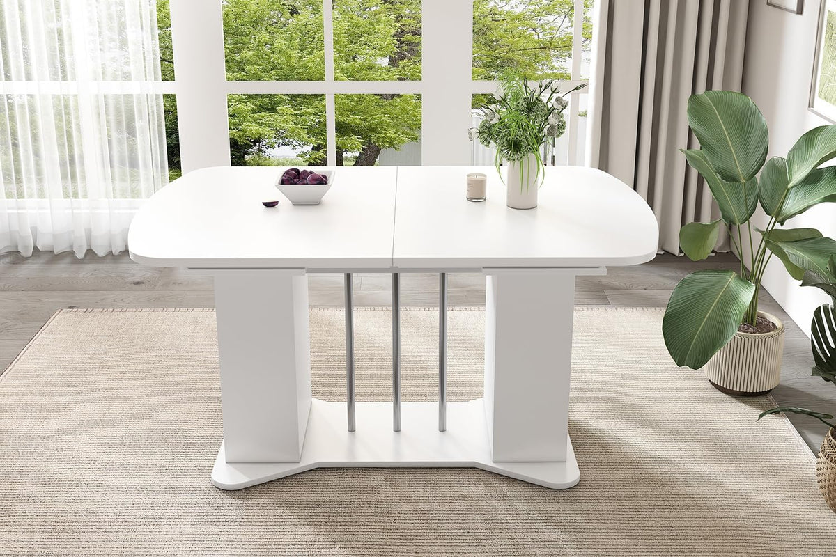 Mesa de comedor extensible moderna Bladez con espacio de almacenamiento, 120-160 cm x 80 cm, MDF en blanco, patas de metal plateado, mesa de cocina multifuncional para 4-8 personas, mesa de comedor