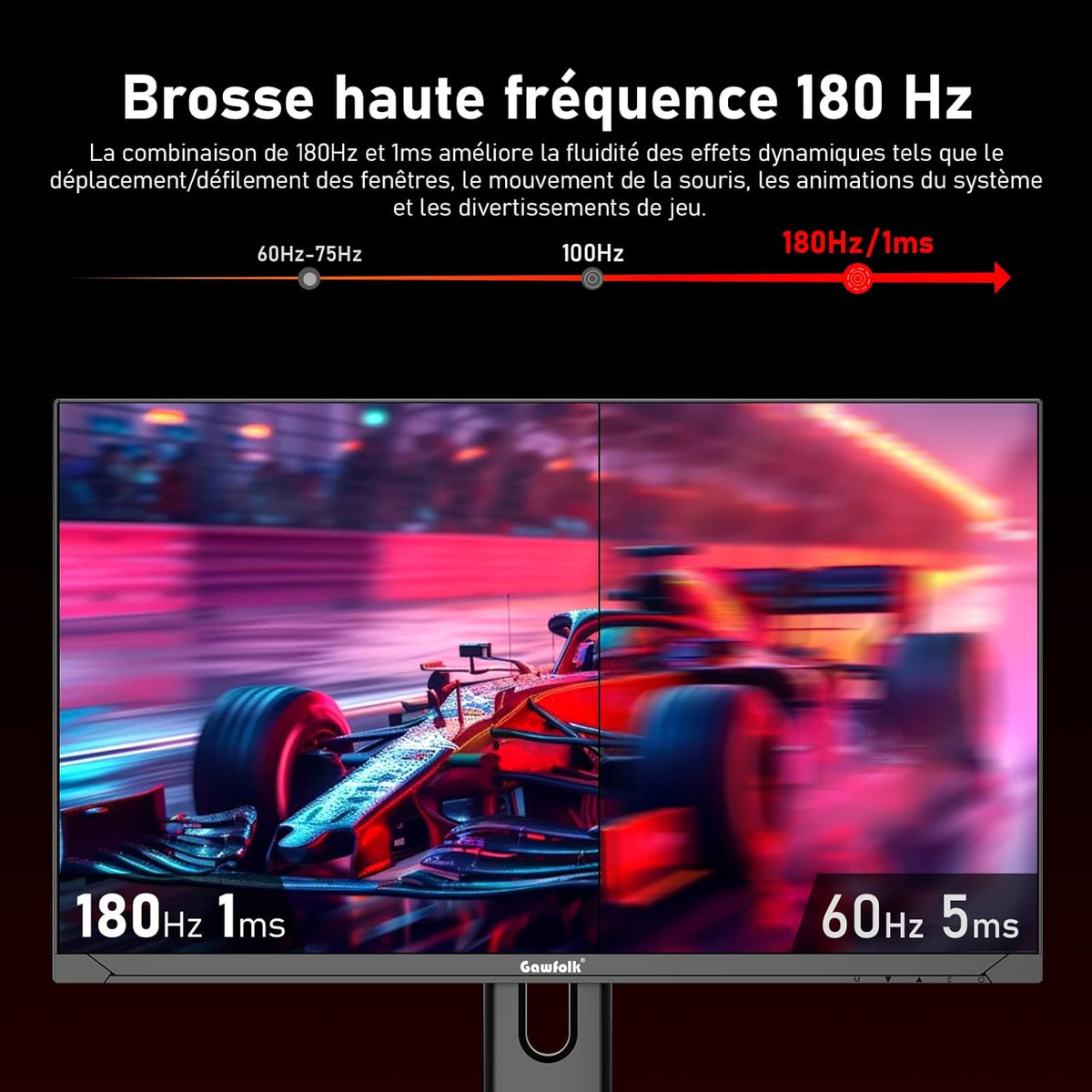 Monitor para PC Gawfolk IPS de 27 pulgadas, 2K WQHD (2560×1440P), monitor gaming de 180Hz, 1ms, sin bordes, 100% sRGB, gran angular de 178°, HDMI, DisplayPort, compatible con soportes de pared VESA 75x75mm - Negro