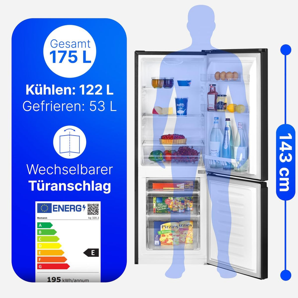 Bomann, KG320, Refrigerador y congelador 175L, Control de temperatura continuo, Bisagras de puerta a la derecha, intercambiables, Patas ajustables, Negro
