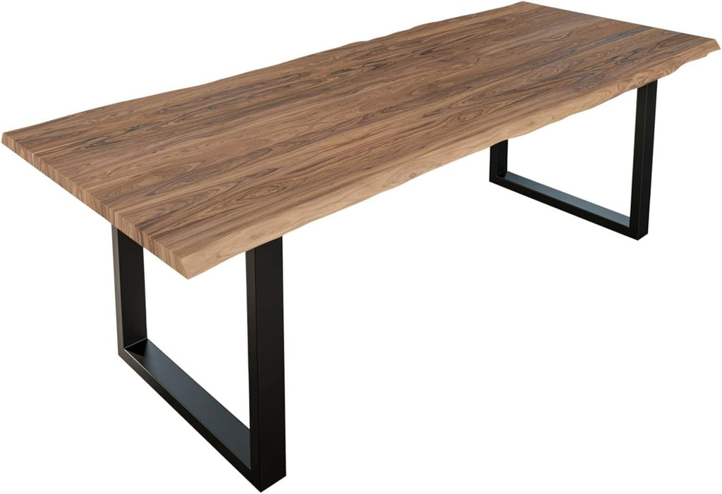Mesa de comedor SAM 240x100 cm Lauren, mesa de madera de acacia con borde natural, maciza + color piedra, base metálica en U negra, mesa de comedor con borde de árbol real
