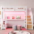 Cama alta de metal Kebnor con escalera de almacenamiento con estantes y mesa, diseño de valla de seguridad con tablones de metal empalmados, cama con estructura de hierro alta con marco de metal para mayor estabilidad (Blanco 90 * 200 cm)