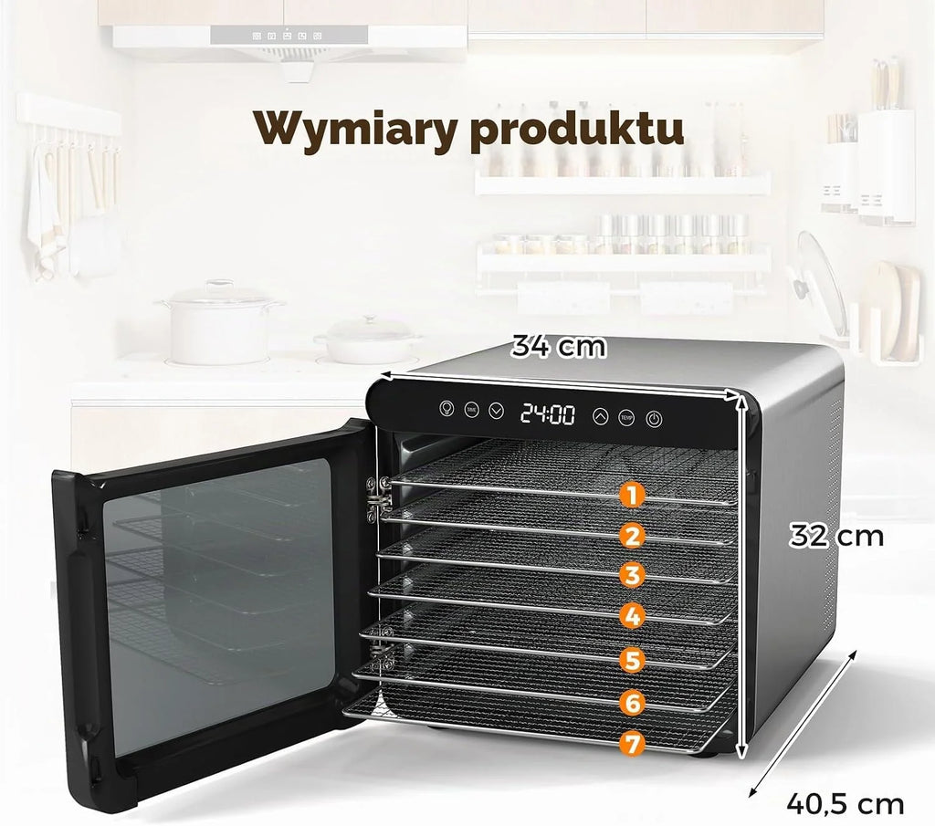 COSTWAY Suszarka do żywności 600W z 7 tacami ze stali nierdzewnej, z timerem 24h i temperaturą 30-75℃, suszarka do mięsa, warzyw i owoców, 34 x 40,5 x 32cm