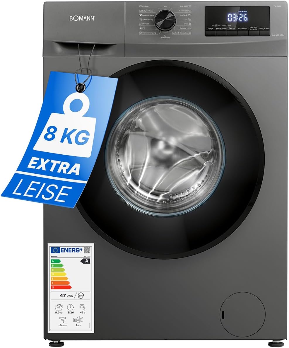Lavadora Bomann® 8kg | máx. 1400 r.p.m. | 10 años de garantía en el motor | motor inverter robusto, silencioso y duradero | 15 programas de lavado | pantalla LED | con función de vapor | WA 7185 Titan - Negro