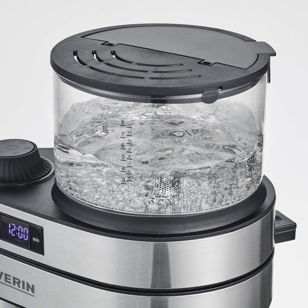 Cafetera de filtro Severin "Caprice" con jarra térmica antigoteo, como hecha a mano, cafetera para hasta 8 tazas, cafetera con temporizador, 1 l, acero inoxidable cepillado/negro, KA 5763