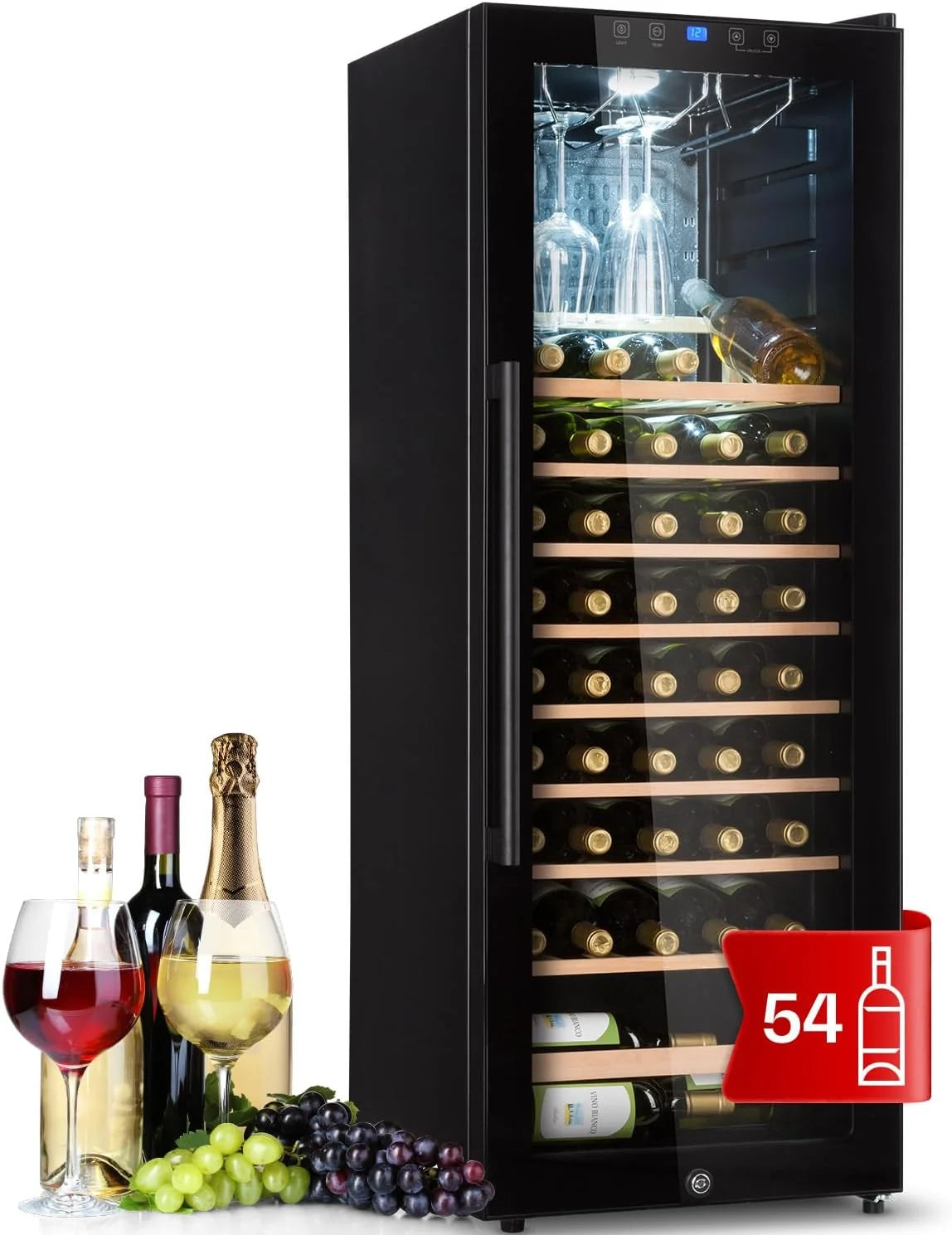 Klarstein Piwnica na wino, 54 butelki, piwnica do serwowania ze zdejmowanymi drewnianymi półkami, szklane drzwi, sterowanie dotykowe, wyświetlacz LCD, oświetlenie wewnętrzne, temperatura 5-18°C