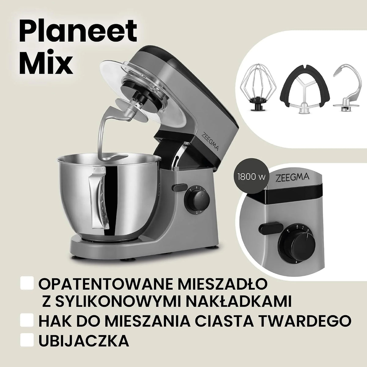 ZEEGMA PLANEET MIX Robot Planetarny 1800 W, Wielofunkcyjny Robot Kuchenny z Misą 5L z Uchwytem i Pokrywką, 8 Prędkości Pracy, 3 Narzędzia Miksujące Panel Dotykowy (Srebrny)