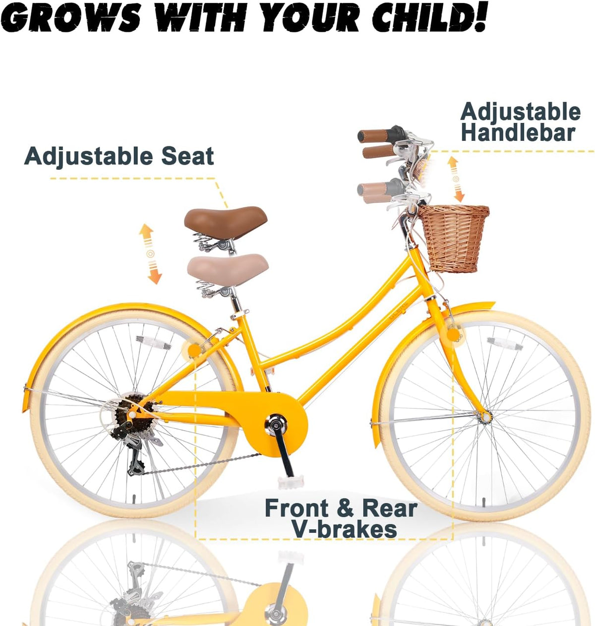 Glerc Missy 20, 24, 26 pulgadas bicicleta híbrida urbana tipo crucero para niñas, de 6 velocidades, con cesta de mimbre, para jóvenes mayores de 6 años, varios colores