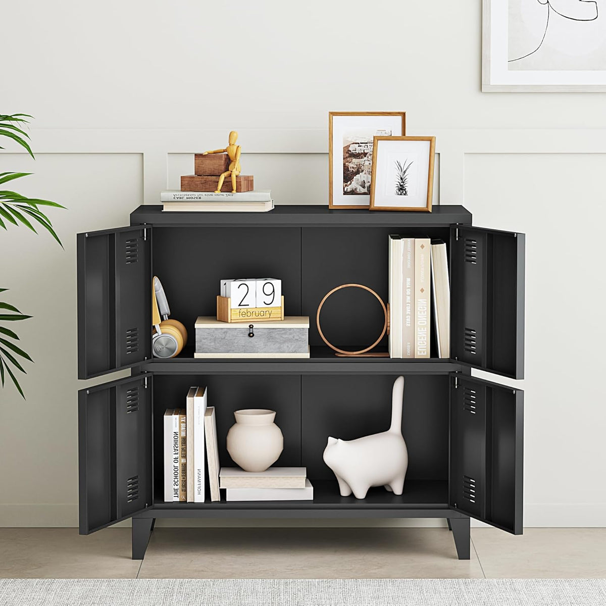 [en.casa] Armario de oficina Hamina archivador con 4 puertas armario multiusos con 2 estantes armario de almacenamiento industrial de acero armario auxiliar 80 x 40 x 82 cm negro