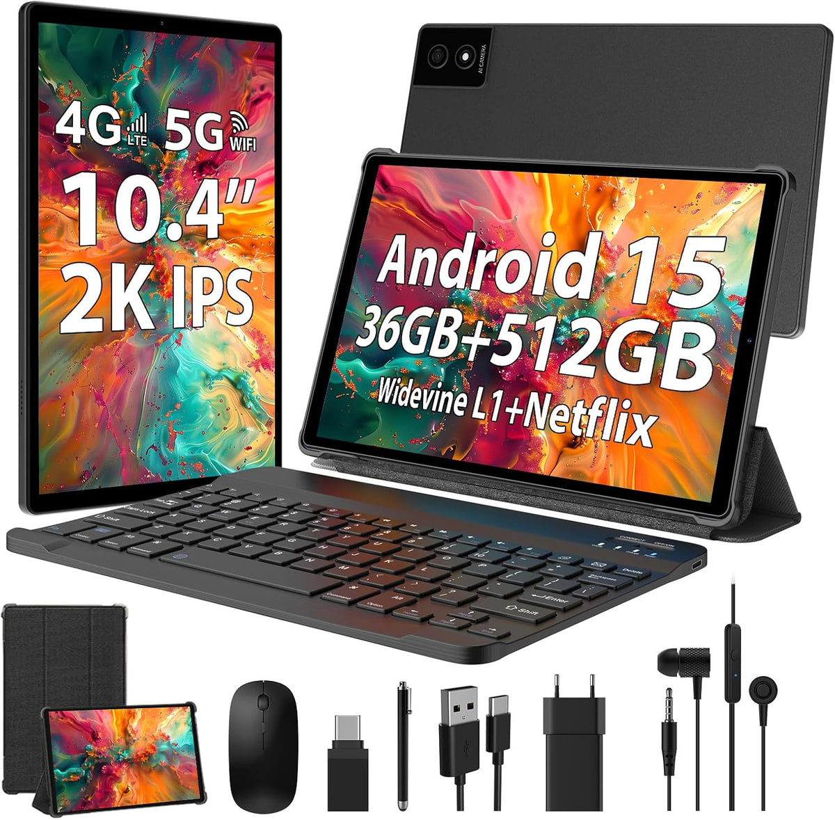Tableta Android 15 de 10,4 pulgadas, 4G LTE y WiFi 5G, Octa-Core, 36 GB RAM + 512 GB ROM (1 TB TF), pantalla FHD 2K 2000x1200, Widevine L1/GMS/GPS/8+13 MP/batería de 8000 mAh con teclado y ratón (negro)