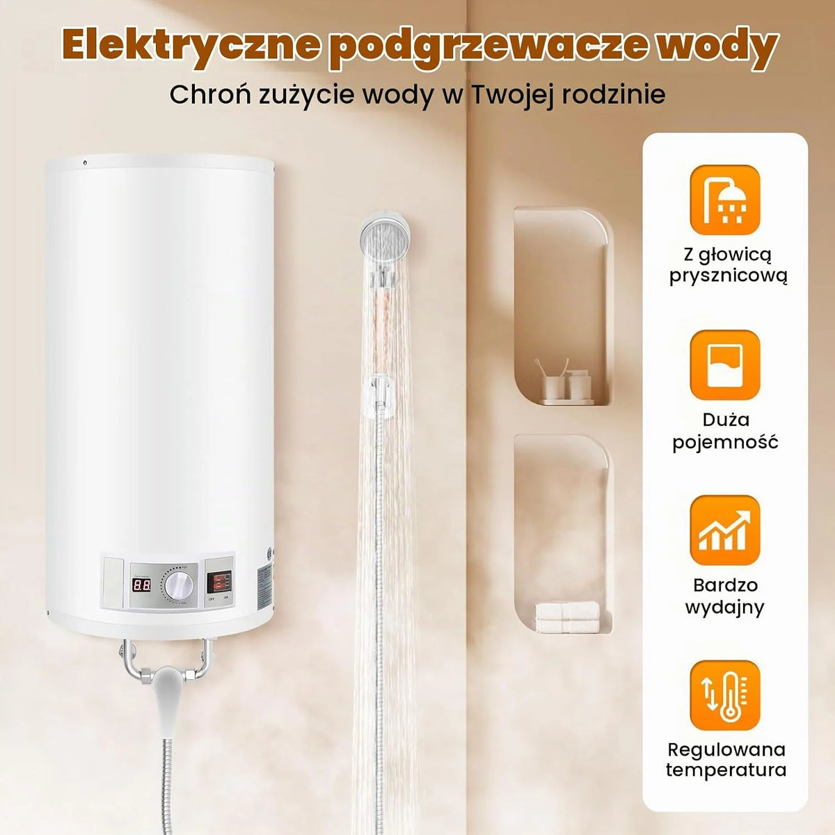Bojler ciepłej wody 80 l, akumulator elektryczny, bojler, elektryczny zbiornik magazynowy, 220 V, ścienny podgrzewacz wody, prysznic z urządzeniem prysznicowym i zabezpieczeniem przed wyciekiem