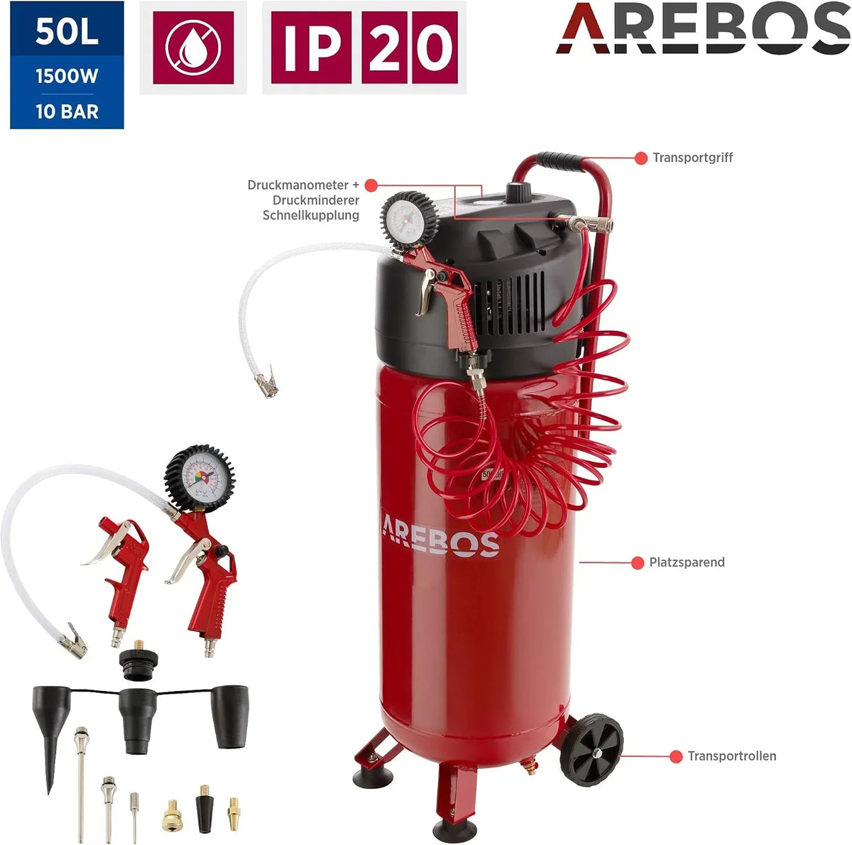 Compresor de aire AR-HE-LK150050S 50 L 1500 W 10 bar sin aceite con juego de accesorios de 13 piezas y manguera en espiral de 5 m