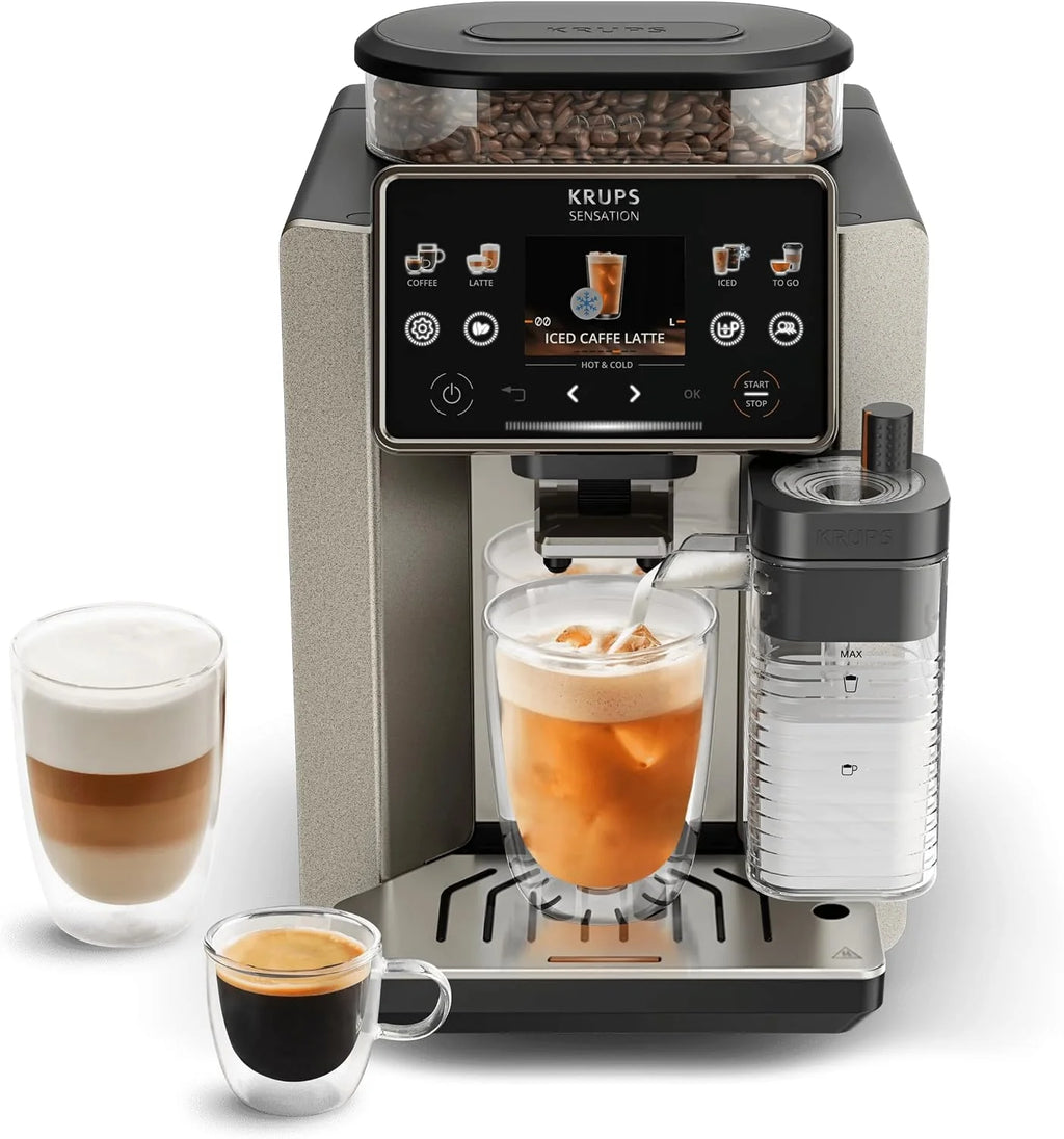 Krups Sensation Elite automatyczny ekspres do kawy, 24 gorące i zimne napoje, ekran 2,8", technologia Milk Maestro, technologia Cold Brew Arome, możliwość spersonalizowania ulubionych, Silver Premium