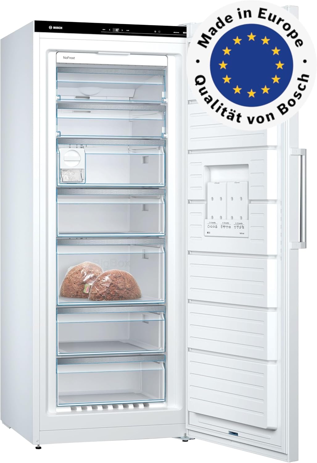 Congelador Bosch GSN54AWCV Serie 6 XXL, 176 x 70 cm extra ancho, 327 L, NoFrost sin necesidad de descongelar, iluminación LED uniforme, BigBox con espacio para alimentos congelados grandes, blanco