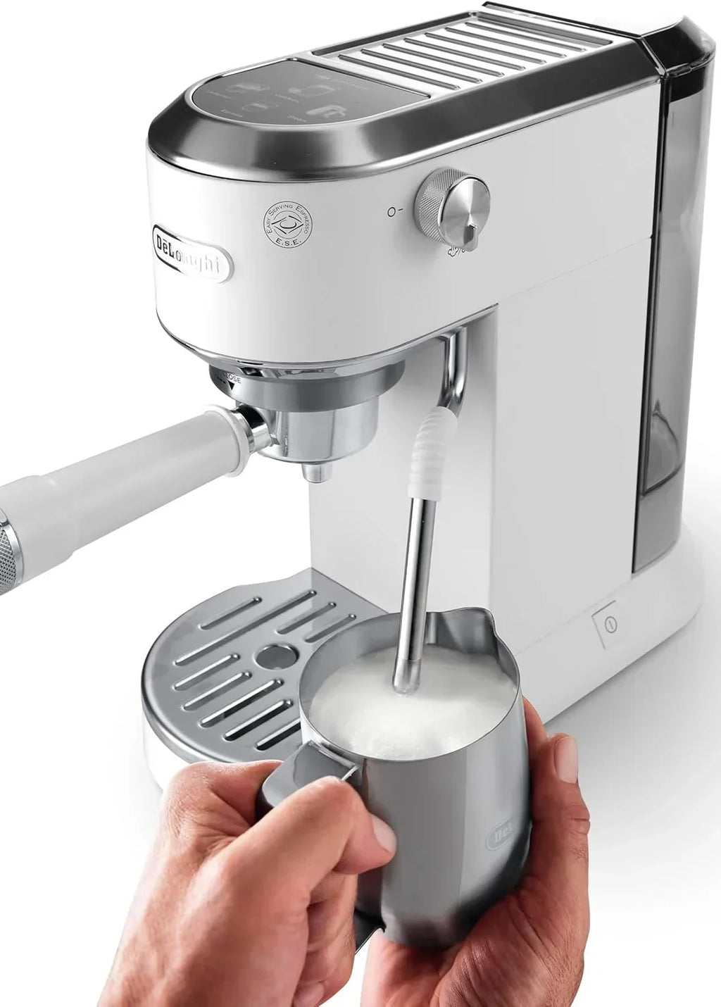 De'Longhi Dedica – Cafetera de bomba de acero inoxidable para café molido o monodosis, espresso y capuchino, depósito de 1,3 litros, sistema antigoteo, modelo EC685.M, color metal