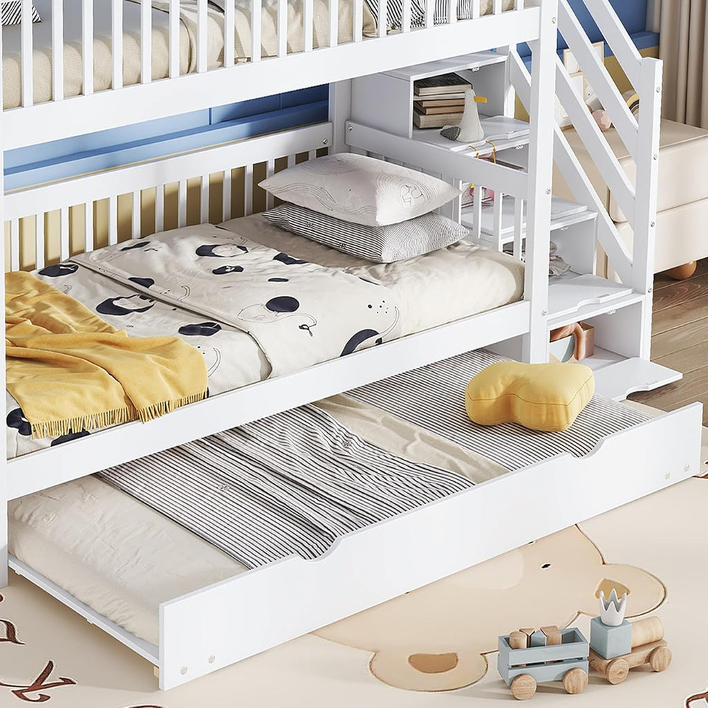 Cama litera infantil Rtopsu 90x200 cm con cama extraíble, cama alta con escalera y estantería de almacenamiento, cama casita con somier de madera y protección anticaída para 2-3 niños, blanco, sin colchón