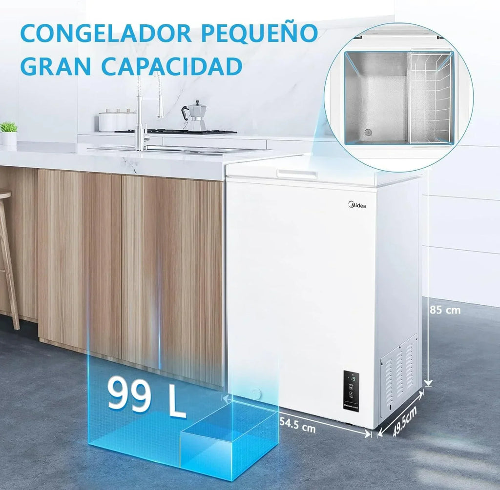 Arcón Congelador Horizontal Pequeño MIDEA de 99L, Motor Inverter, Control Electrónico de Temperatura, Tecnología D-TYPE Tube, Cestas con Asa, Easy Move, Silencioso 39dBA, Bajo Consumo, Blanco