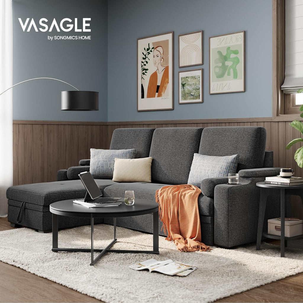 Sofá cama VASAGLE, sofá, sofá cama con espacio de almacenamiento, muebles tapizados, funda de mezcla de algodón y lino, portavasos, moderno, habitación de invitados, gris LCS801G01