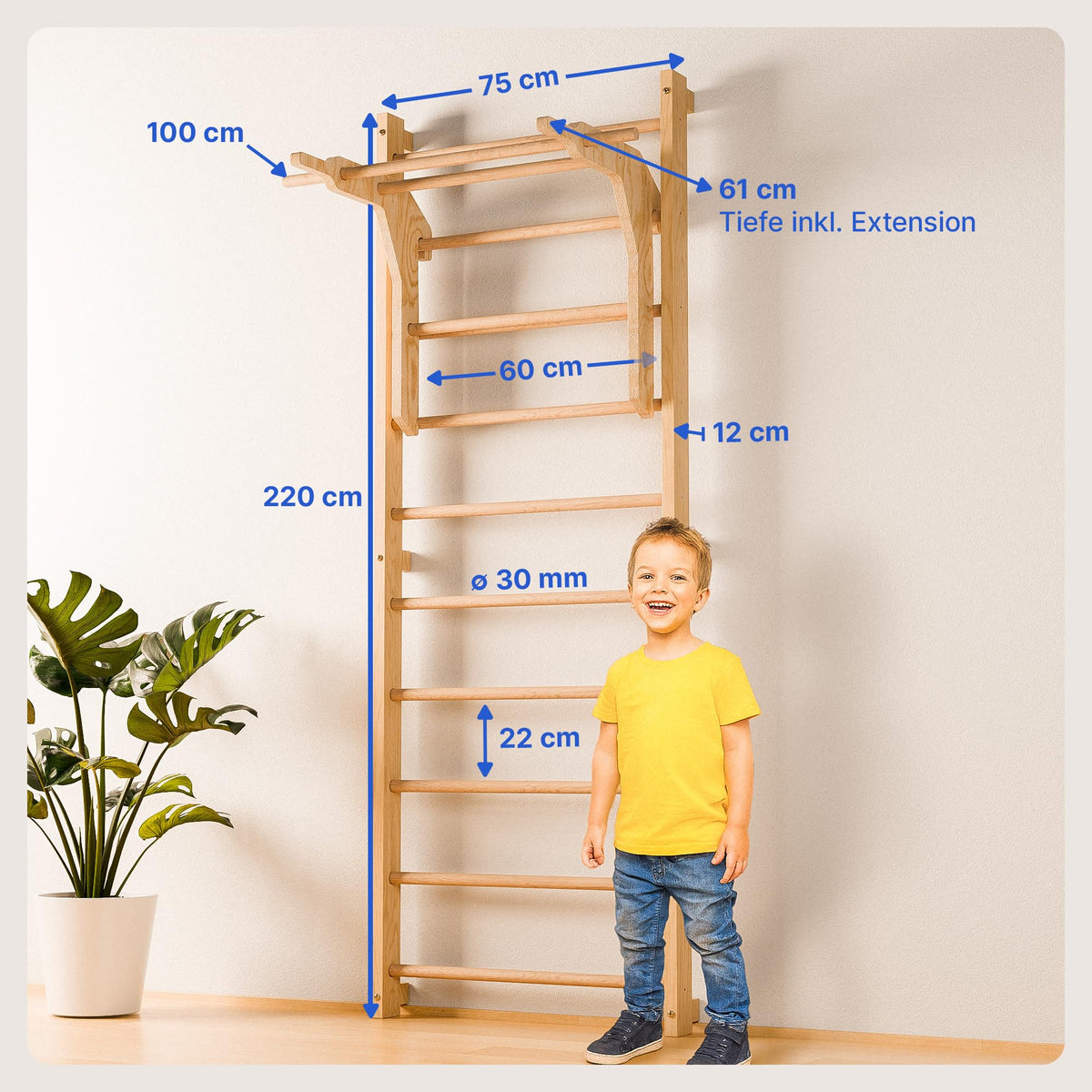 Espaldera de pared con barra de dominadas y extensión para fondos de 220 cm, fabricada en madera de haya y pino, hasta 150 kg