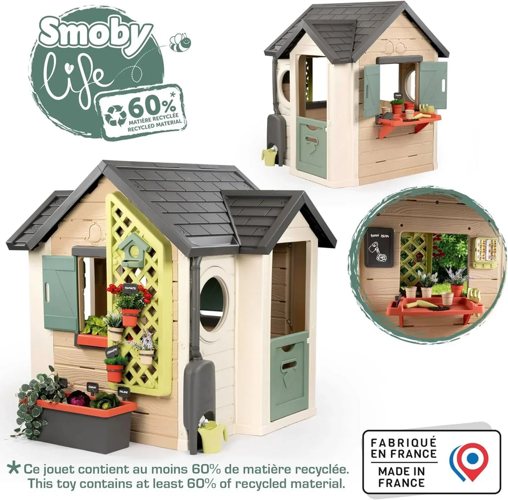 Smoby Life Garden House - Casa de Jardín Infantil - Incluye Jardinera, Comedero para Pájaros, Herramientas y Accesorios - Protección UV - Material Reciclado - más de 2 años (7600810408)