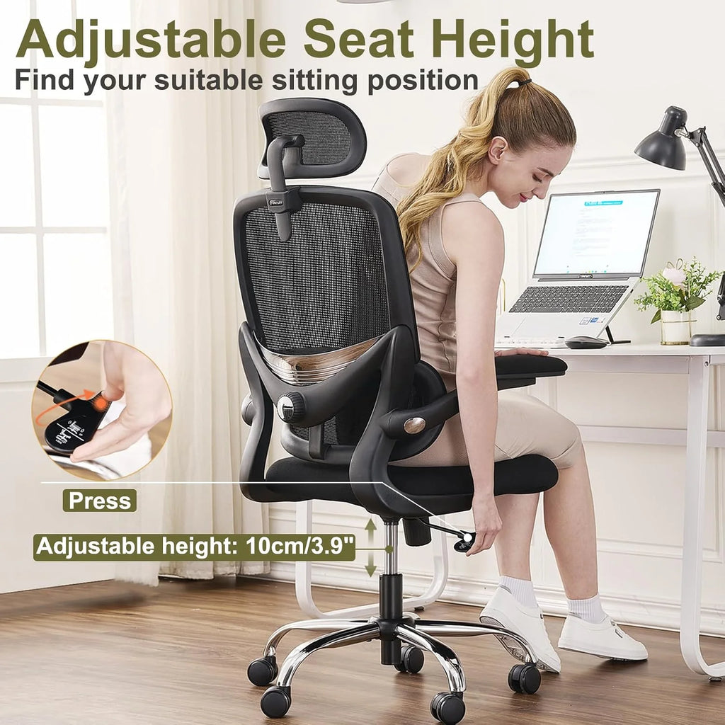 Ergonomiczny fotel do domowego biura z siatkowym wysokim oparciem, regulowanym wsparciem lędźwiowym, podłokietnikami, zagłówkiem,oszczędność miejsca krzesło gamingowe, 150 kg (Czarny)