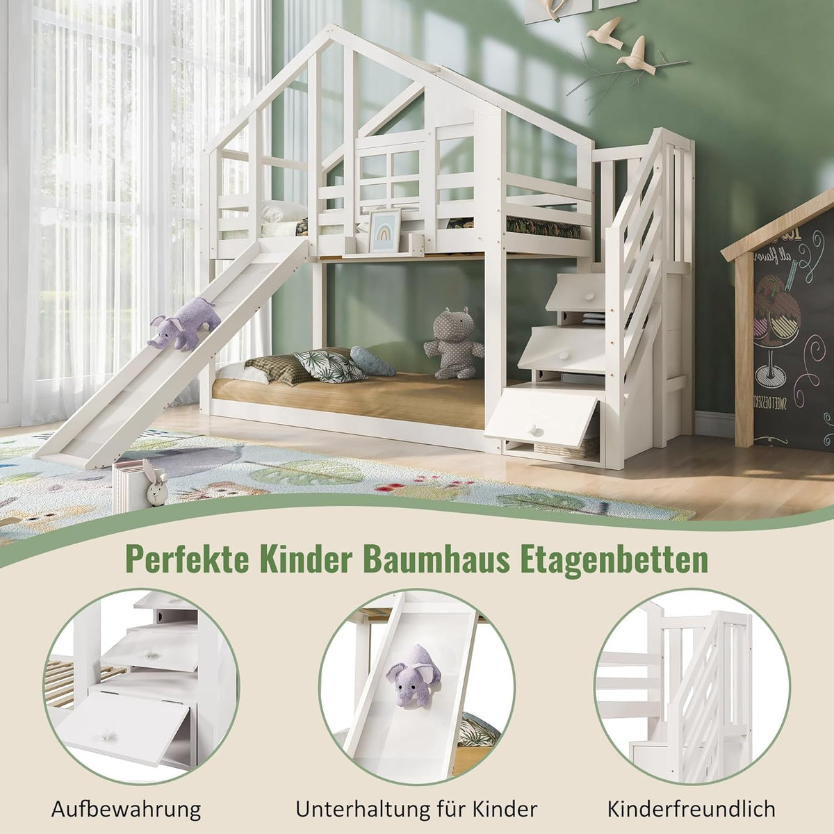 Cama alta infantil Mrwoo de 90 x 200 cm con diseño de casa del árbol, litera para niños estilo ventana con tobogán y protección anticaídas, escalera con almacenaje integrado, somier, blanco (sin colchón)