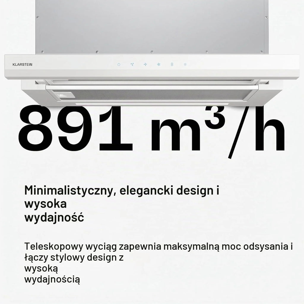 Klarstein Okap kuchenny, Velaire 60cm, podblatowy, rozsuwanyy, 896 m³/h boost, dotykowy, klasa energetyczna A++, LED, cichy, aluminiowy i z filtrem z węglem aktywnym, podblatowy kuchnia, biały