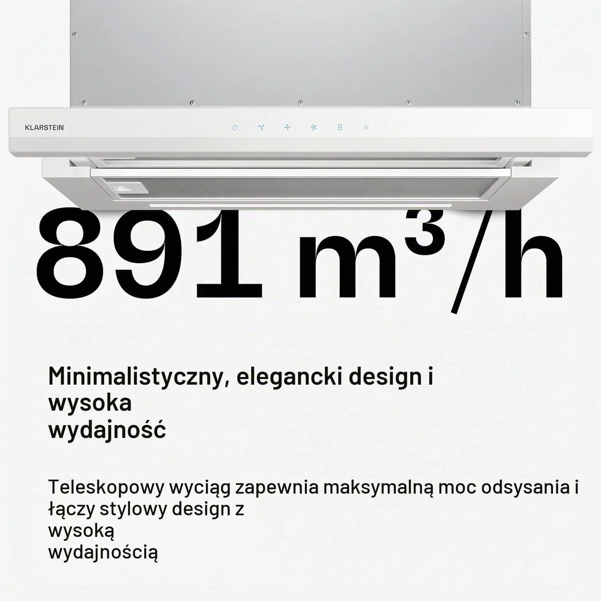 Klarstein Okap kuchenny, Velaire 60cm, podblatowy, rozsuwanyy, 896 m³/h boost, dotykowy, klasa energetyczna A++, LED, cichy, aluminiowy i z filtrem z węglem aktywnym, podblatowy kuchnia, biały