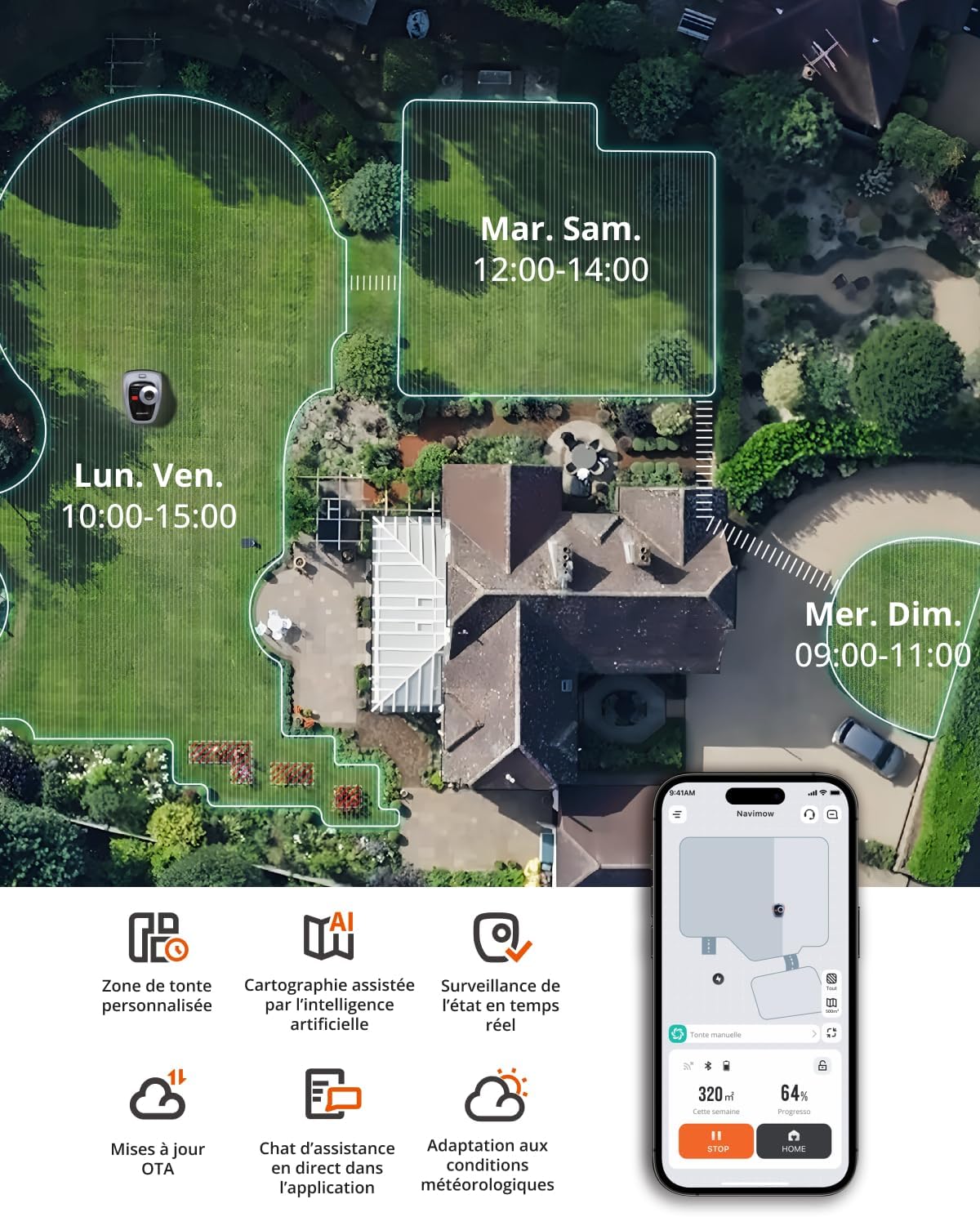 Segway Navimow i105E y Garaje S, Robot cortacésped sin cable perimetral, rec. 500 m², máx. 600 m², robot cortacésped RTK+Vision, cartografía automática por IA, límite virtual, gestión multizona