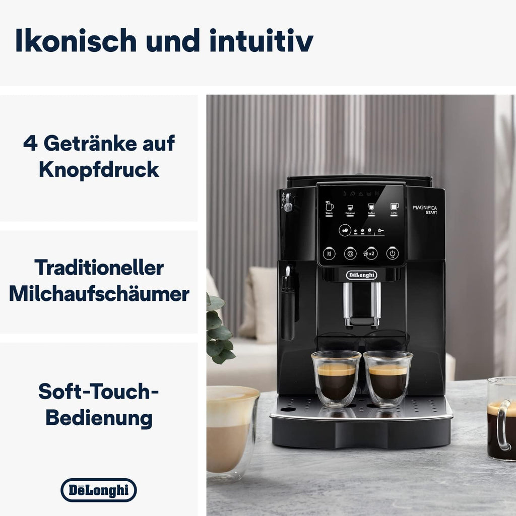 De'Longhi Magnifica Start ECAM222.20.B, cafetera superautomática con boquilla para espuma de leche, para capuchino, con botón de selección directa de espresso y función de 2 espressos, molinillo cónico de 13 niveles, 1450 W, negro