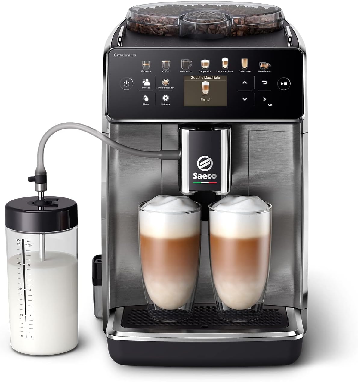 Cafetera superautomática Saeco GranAroma con 16 variedades de café, pantalla a color intuitiva, 4 perfiles de usuario, molinillo de cerámica, acero inoxidable negro (SM6585/00)