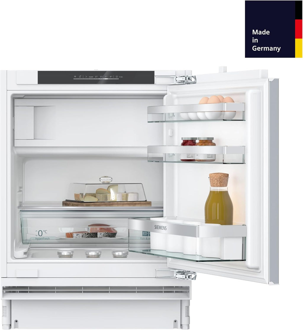 Siemens KU22LADD0, iQ500 Frigorífico bajo encimera inteligente con congelador, nicho de 82 x 60 cm, 110 L, cajón hyperFresh, botellero, muy silencioso 35 dB, bisagra plana softClose con cierre suave