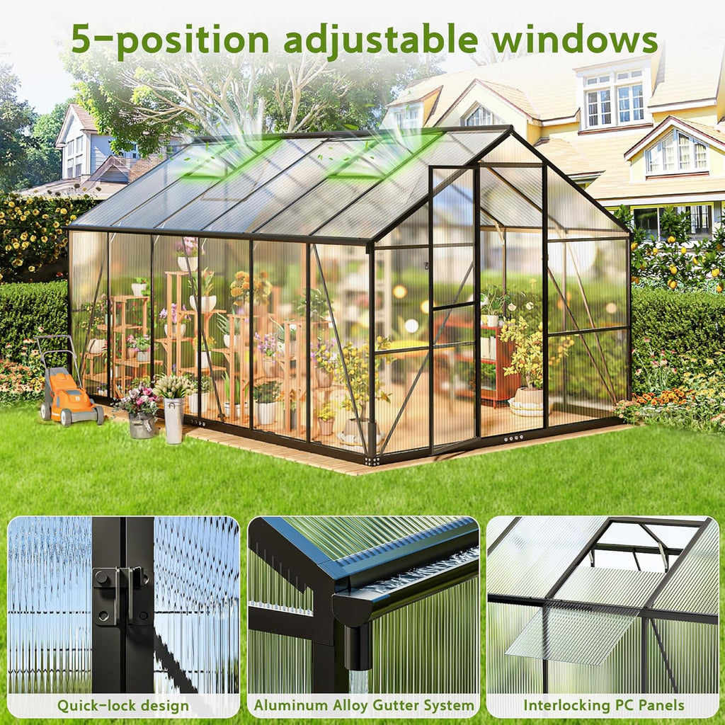 Invernadero de aluminio para jardín, 362x247x205cm invernadero de aluminio con cimientos, ventilación de techo ajustable, uso versátil como invernadero de cultivo resistente al invierno y casa para plantas