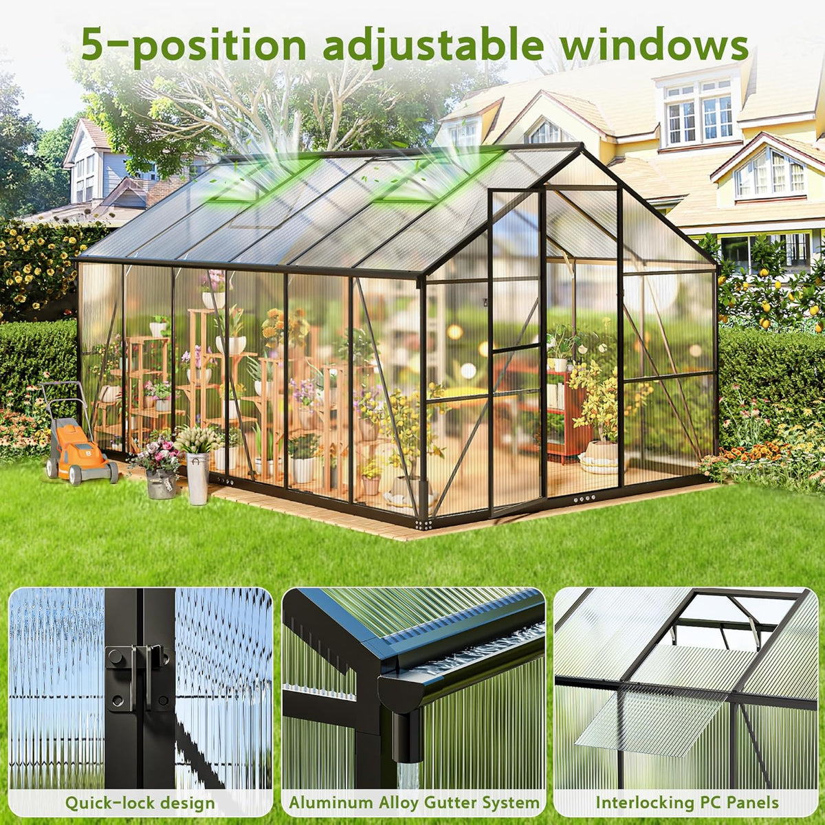 Invernadero de aluminio para jardín, 362x247x205cm invernadero de aluminio con cimientos, ventilación de techo ajustable, uso versátil como invernadero de cultivo resistente al invierno y casa para plantas