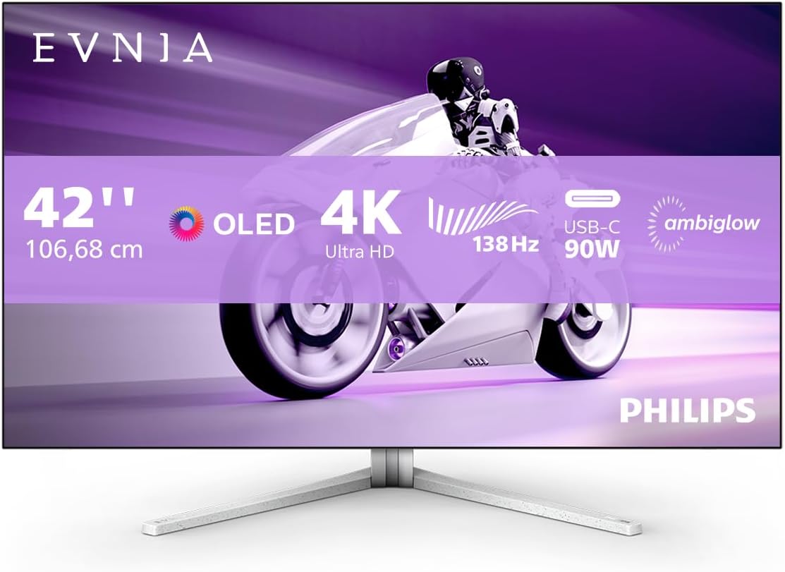 Philips Evnia 42M2N8900 - Monitor de juegos OLED UHD de 42 pulgadas, 138 Hz, Ambiglow, FreeSync Premium, compatible con G-Sync (3840x2160, 0,1 ms GtG, HDMI 2.1, DisplayPort, USB-C (90W PD), concentrador USB) Gris/Blanco