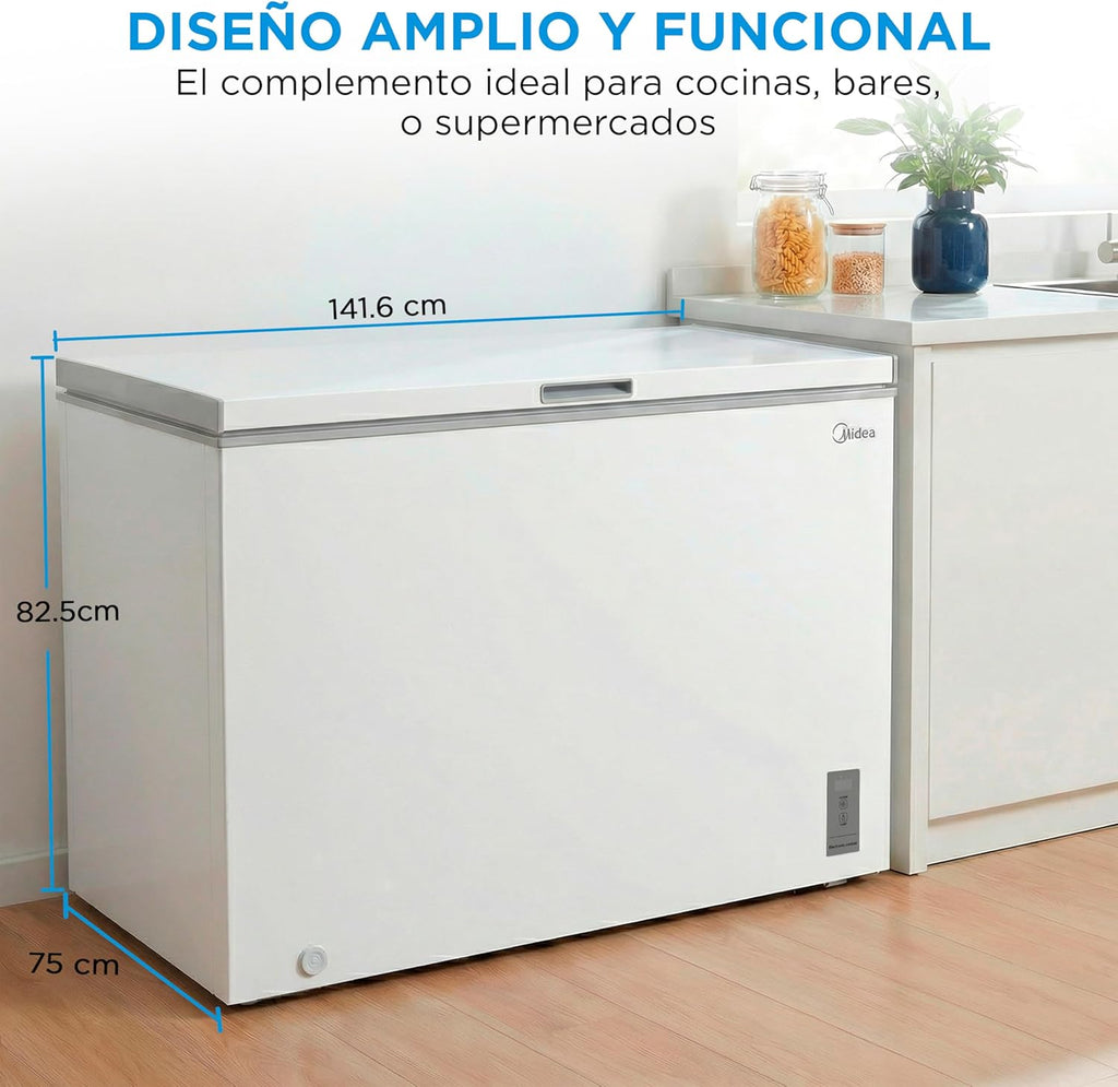 Congelador horizontal pequeño MIDEA de 418 L | Congelador arcón convertible a frigorífico con motor inverter, control electrónico de temperatura, cestas con asa | Arcón silencioso de 41 dB y bajo consumo