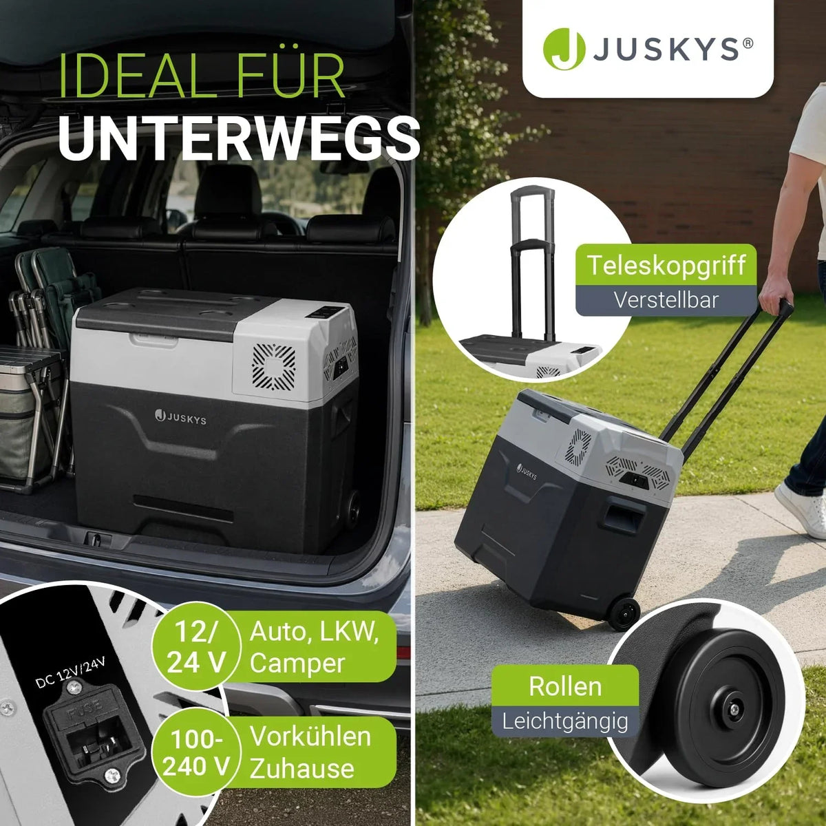 Nevera de compresor Juskys de 50 litros 12/24/230 V para coche, camión, autocaravana y camping, con función de frío y calor y toma de corriente, gris