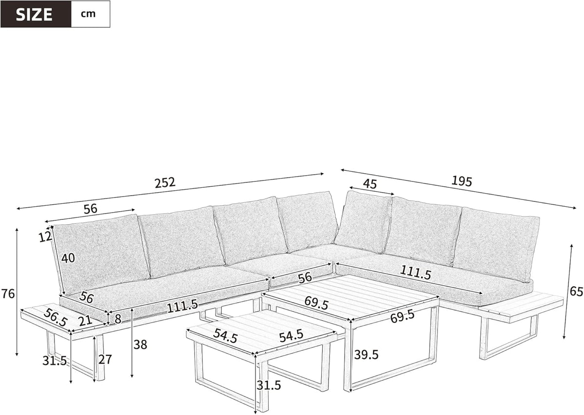 Set de muebles de jardín, posición en esquina, con función de inclinación ajustable (5 niveles, hasta 55°), tubo de acero galvanizado, tablero de mesa de madera plástica, con dos mesas de centro, beige + gris