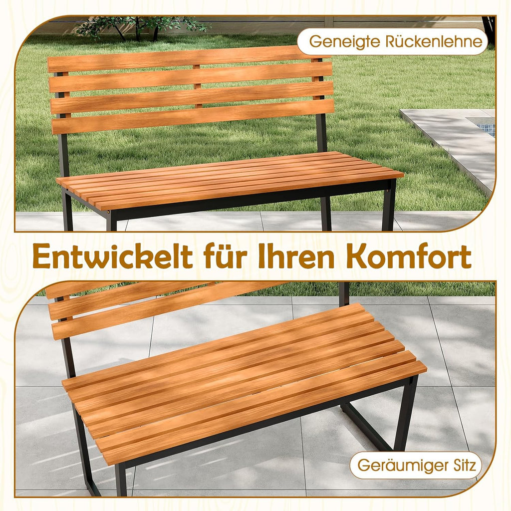 COSTWAY Gartenbank Holz, Holzbank wetterfest, 2-Sitzer Sitzbank aus Akazienholz, Balkonbank mit Metallrahmen, Terrassenbank bis 360 kg belastbar, Parkbank für Garten, Balkon, Terrasse