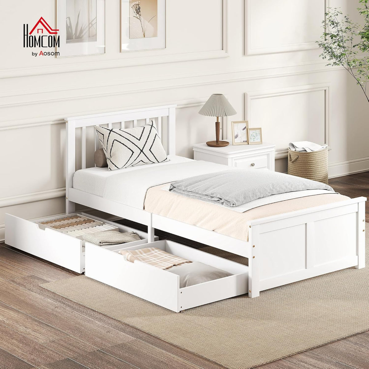 HOMCOM Cama de 90 x 200 cm, estructura de cama con somier de láminas de madera, cajón, almacenaje bajo la cama, cama individual, cama de madera con cabecero, estructura de cama para dormitorio, habitación de invitados, blanco