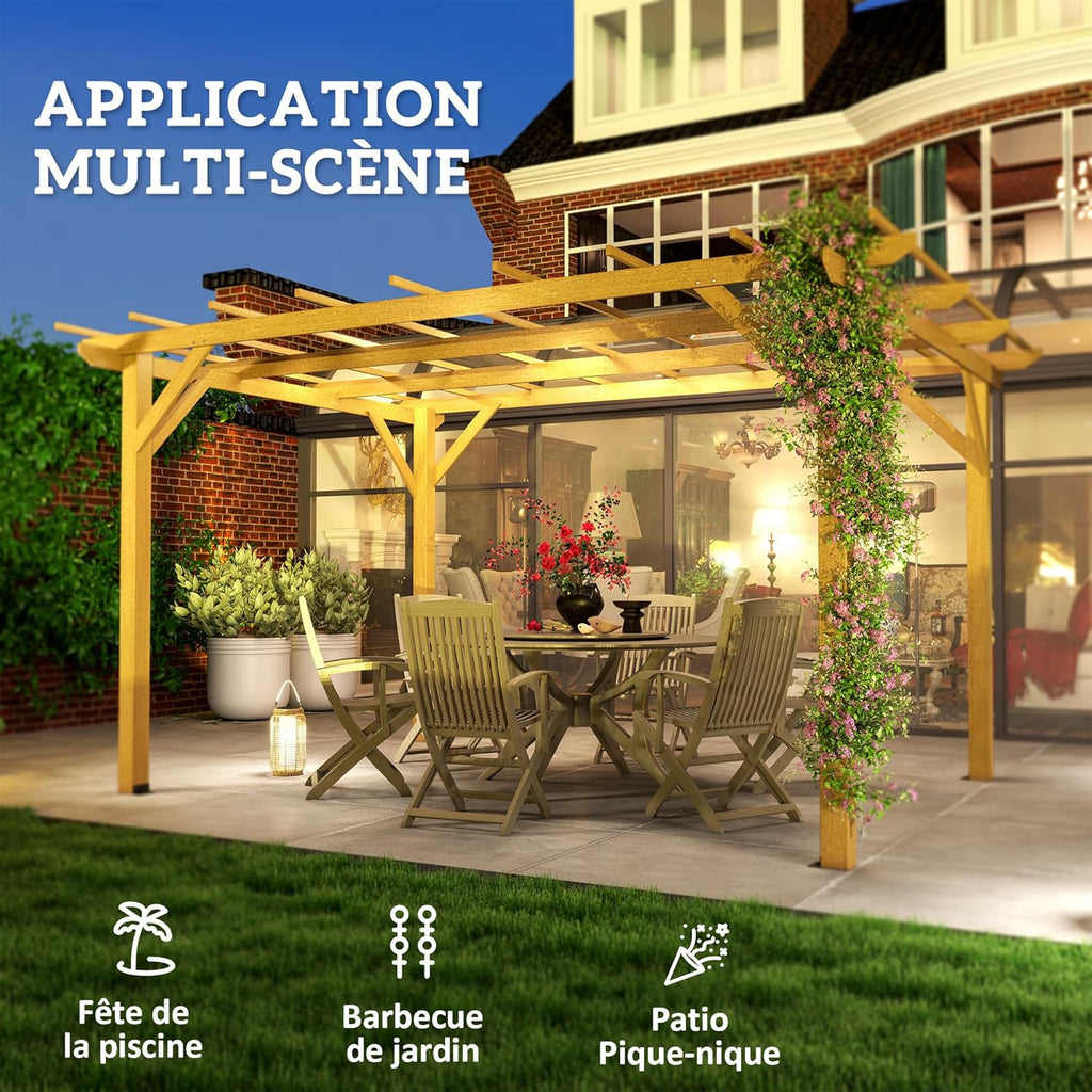 Pérgola de jardín exterior Outsunny 3 x 4 m, pérgola corredera retráctil, pérgola de madera, cenador para plantas trepadoras, flores, rosas, pérgola para terraza, patio, madera natural