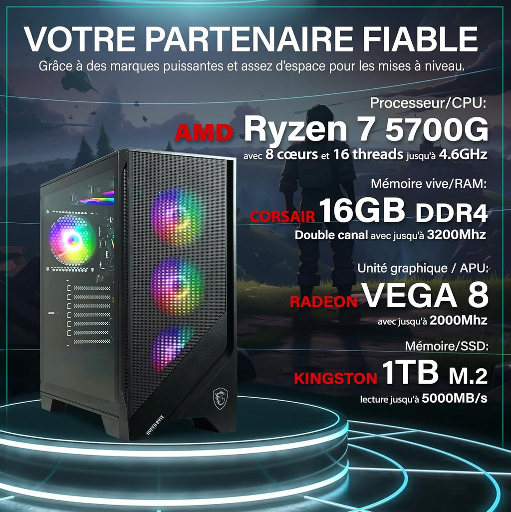 PC Gaming - Kit completo con AMD Ryzen 7 5700G | Vega 8 | 16 GB RAM DDR4 | SSD 1 TB | Refrigeración líquida | Monitor de 25 pulgadas | Ratón y teclado | AZERTY | Win11 Pro | Pack de ordenador