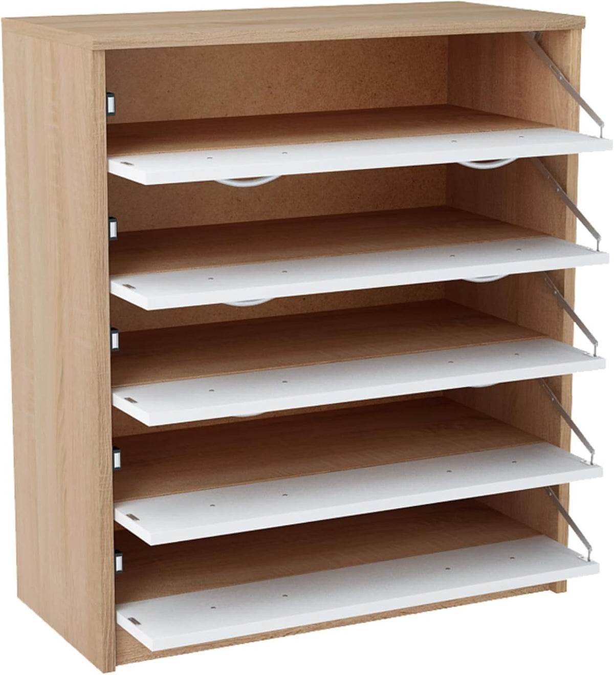 Zapatero Home Collective con 5 cajones abatibles, estante para zapatos de 5 compartimentos, bordes redondeados suaves, 74 cm de ancho, panel laminado, almacenamiento de zapatos que ahorra espacio - Sonoma blanco