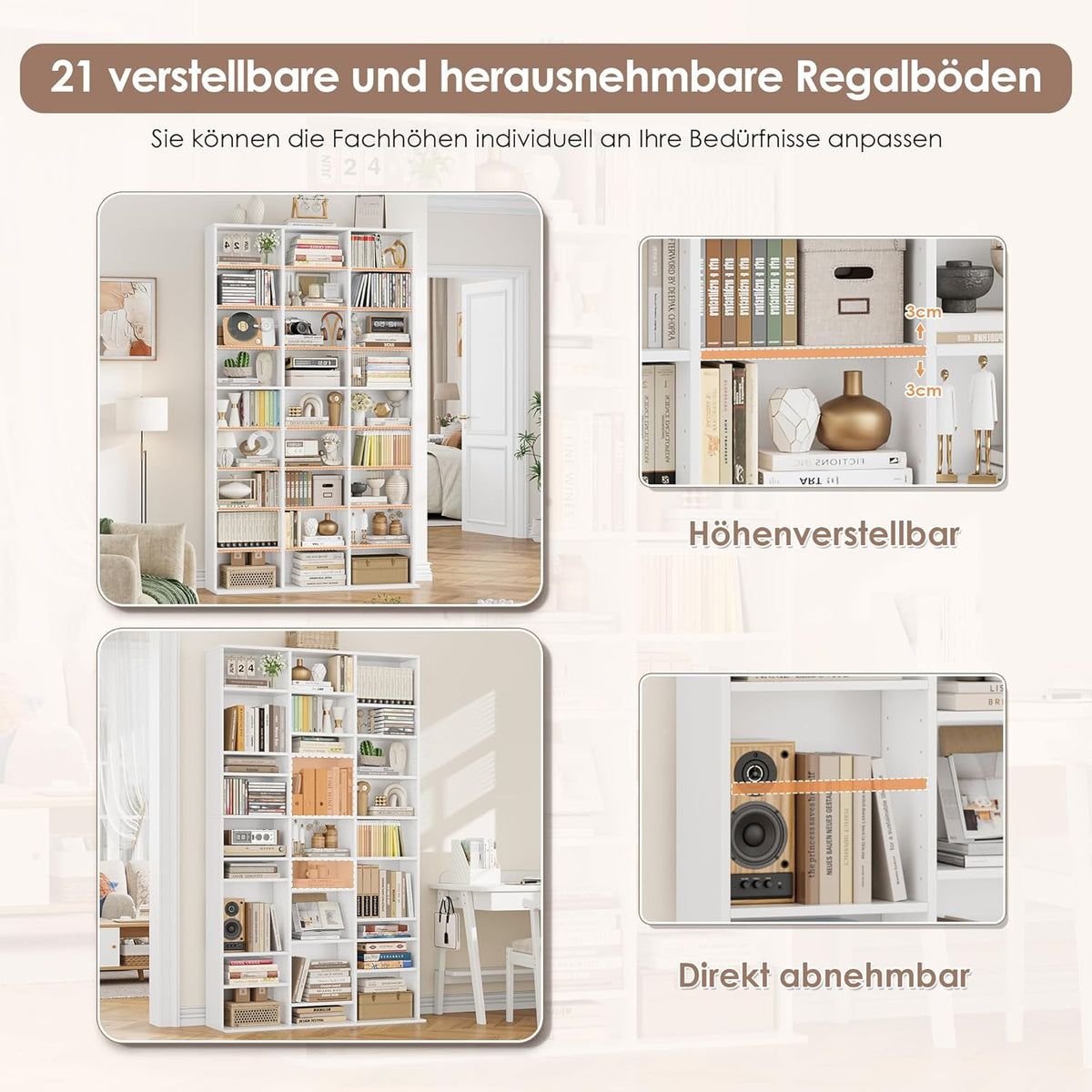 Estantería para libros FirFurd de 190 cm, estante para CD con 27 compartimentos, soporte para CD ajustable en altura, estantería de pie, separador de ambientes para sala de estar, estudio, blanco