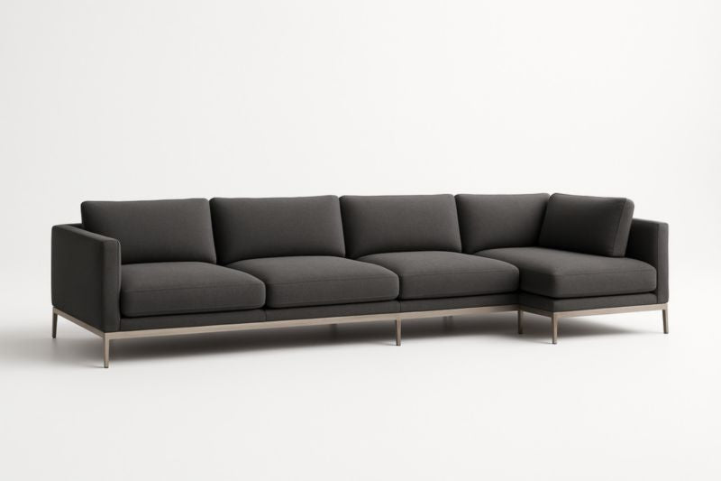 Sofá esquinero de tela gris, estructura metálica, 290x90x85 cm