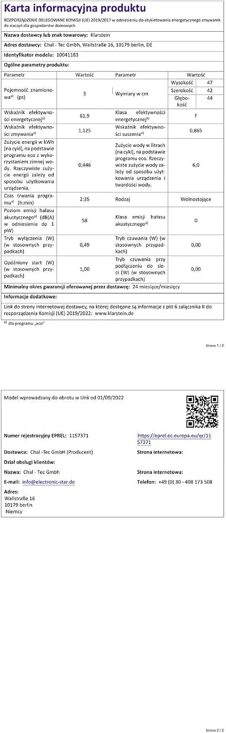 Klarstein Mini zmywarka na 3 komplety, Cicha zmywarka do zabudowy Mała z 7 programami, Mała stołowa do domu, biura i na kemping, Mini z podłączeniem do wody