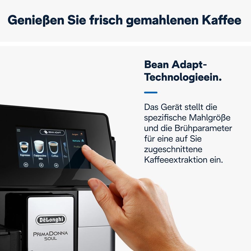 Cafetera superautomática De'Longhi PrimaDonna Soul Perfetto ECAM 612.55.SB con sistema de leche LatteCrema y tecnología Bean Adapt, 18 recetas, pantalla a color, control por aplicación, plateado/negro