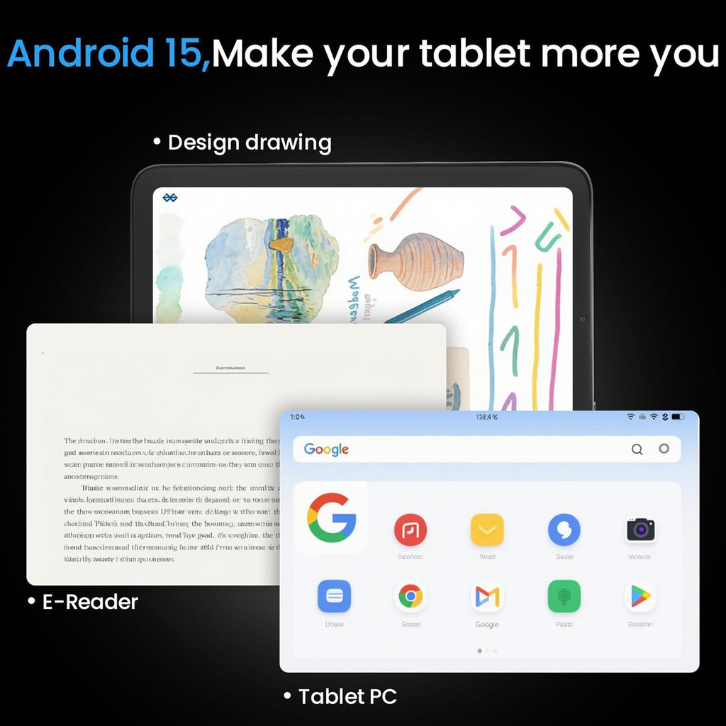 Tableta de 10.1", Android 15, pantalla in-cell, 20 GB (8+12) de RAM, 256 GB de ROM, 1280x800, batería de 6000 mAh, Bluetooth, cámara dual, GMS, WiFi