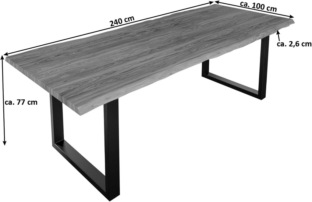 Mesa de comedor SAM 240x100 cm Lauren, mesa de madera de acacia con borde natural, maciza + color piedra, base metálica en U negra, mesa de comedor con borde de árbol real